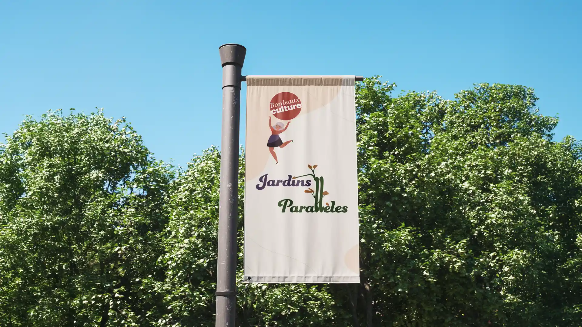 Drapeau avec le logo de Jardins Parrallèles réalisé par Noémie Bouton designer graphique à Bordeaux