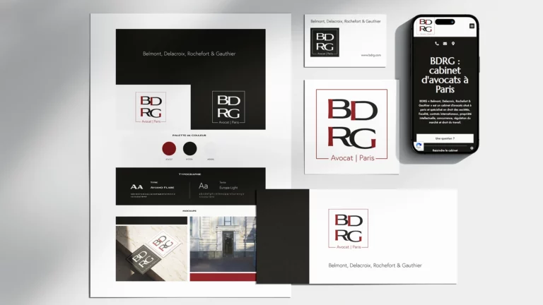 Mockup d’identité visuelle pour le projet de communication de BDRG, réalisé par Noémie Bouton designer graphique à Bordeaux